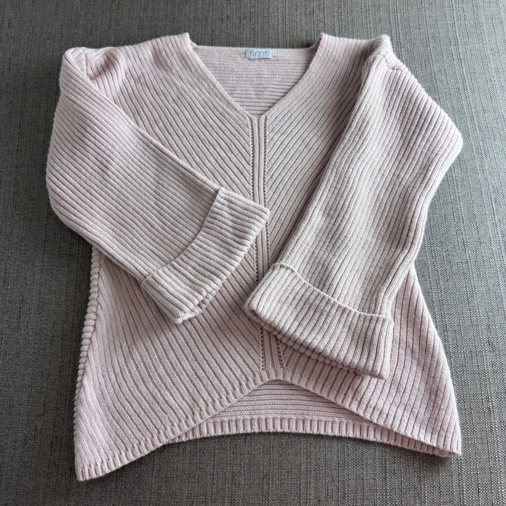 Fimfi Women Pale Pink Ribbed V-Neck Knit Sweater Cuffed Wide Sleeve Pullover
